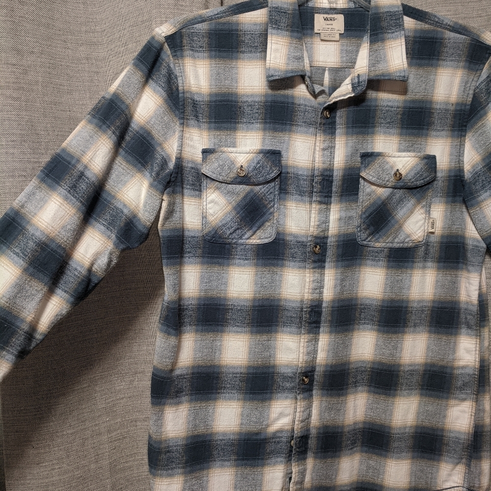 Blue, white and yellow long sleeve flannel